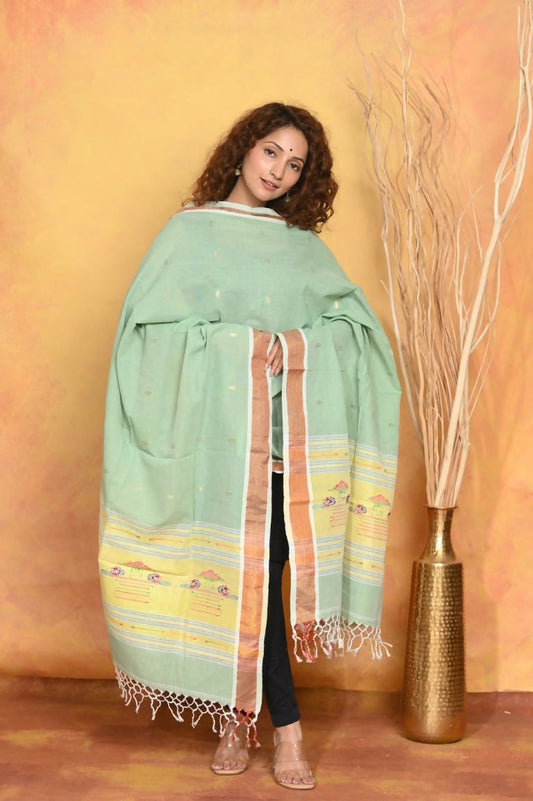 Very Much Indian Handloom Pure Cotton Paithani Dupatta - Sea Green | Swadesiicart