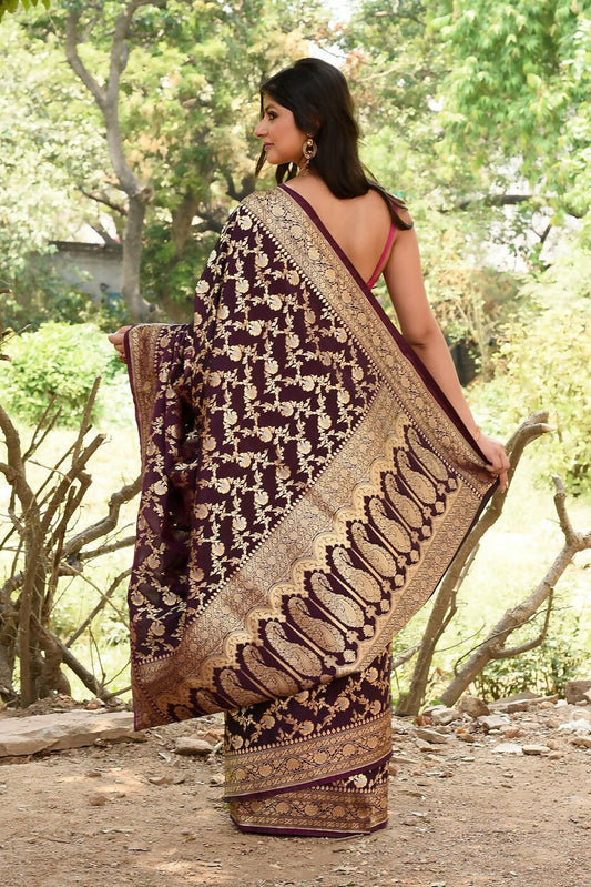 Joban Fashion Plum Purple Banarasi Soft Pure Handloom Banarasi Silk Saree | Swadesiicart