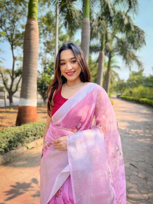 Vamsee Mehar Pink Organza Saree - Swadesiicart