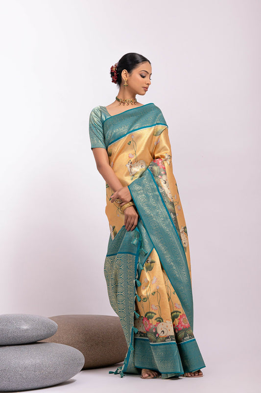 Vishnu Weaves Women's Yellow Tissue Silk Zari Woven Saree with Blouse - Swadesiicart
