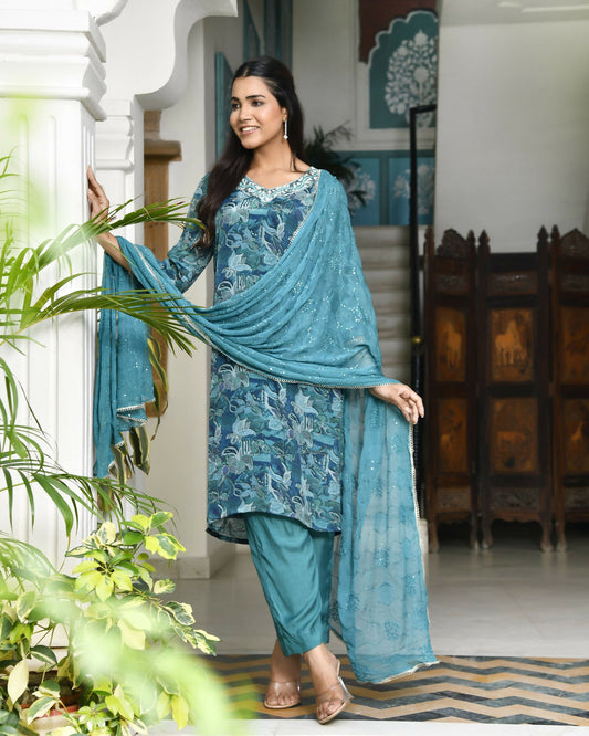 Vaasva Women's Teal Crepe Embroidered Suit Set | Swadesiicart
