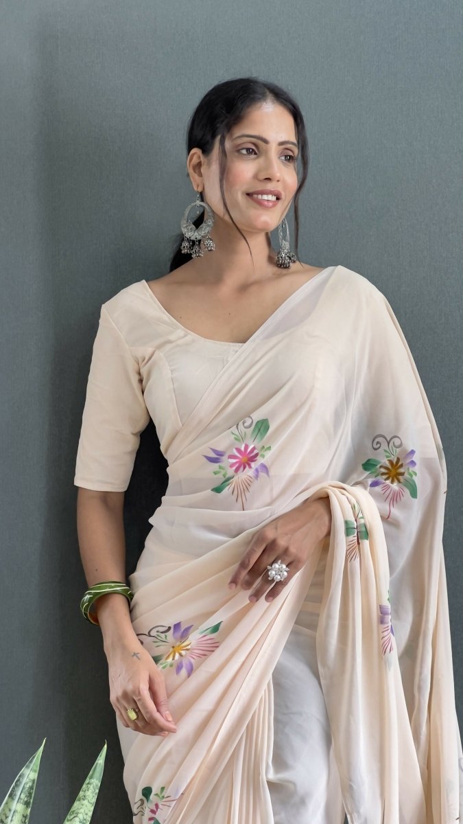 Aayaa Designer 1 min Hand Painted Ready to Wear saree - Off White | Swadesiicart