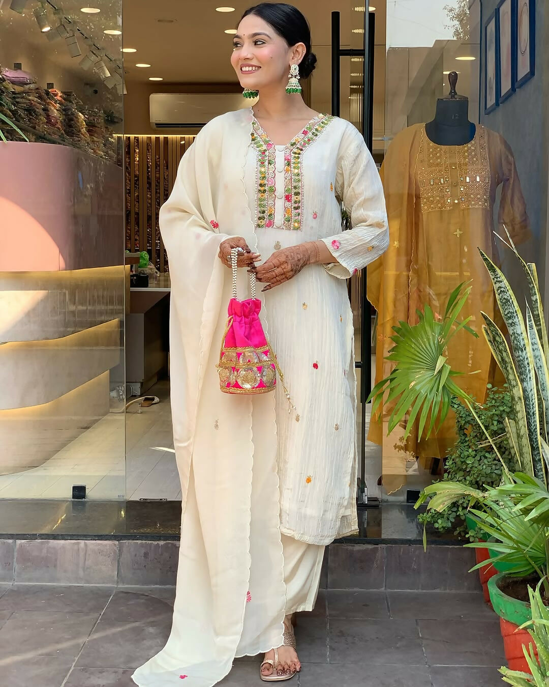The52 Off White Women's Gorgeous Chinon Fabric Embroidered Work Straight Kurta Pant and Dupatta Set - Swadesiicart