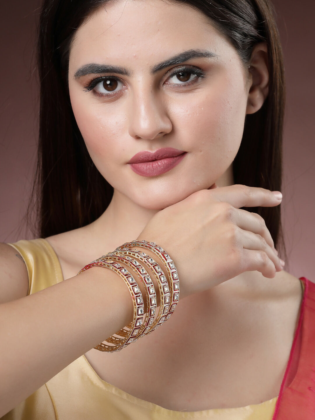 NVR Women's Set Of 4 Gold-Polished Red Kundan-Studded Traditional Bangles - Swadesiicart