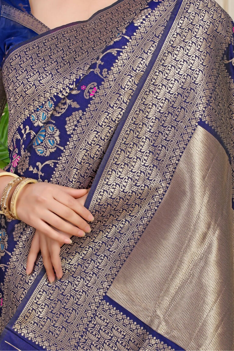 Jyoti Fashion Women's Navy Blue Kanjivaram Silk Zari Woven Saree with Blouse | Swadesiicart