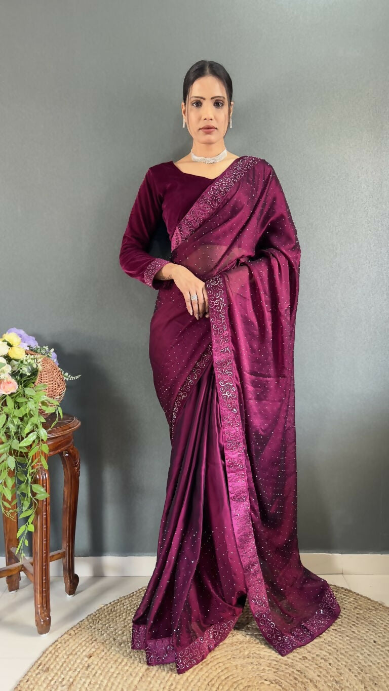 Vastranavya Wine Rangoli Silk Swarovski work Ready to Wear Saree | Swadesiicart