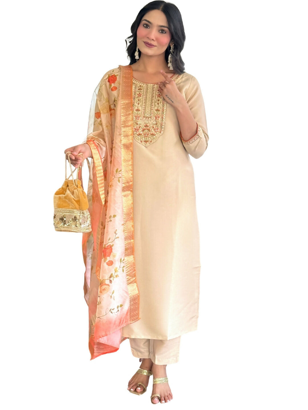 The52 Chiku Women's Beautiful Rayon Fabric Embroidered Work Straight Kurta Pant and Dupatta Set - Swadesiicart