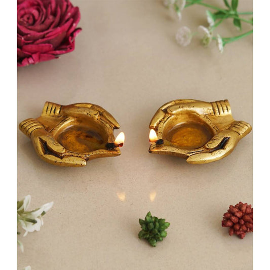 eCraftIndia 2 Pcs Lady Hand Holding Brass Diyas | Swadesiicart