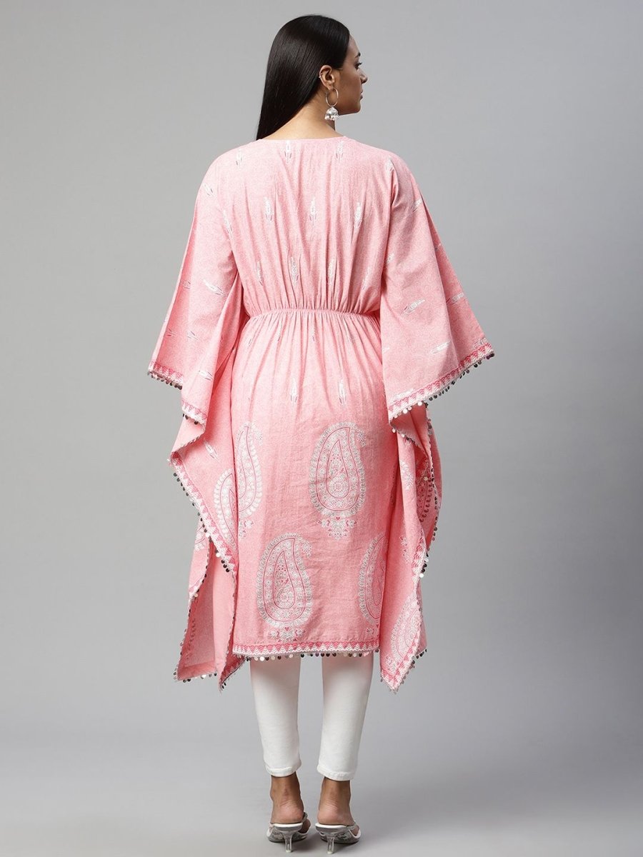 Ahalyaa Women Pink Pure Cotton Printed Kaftan Kurta | Swadesiicart