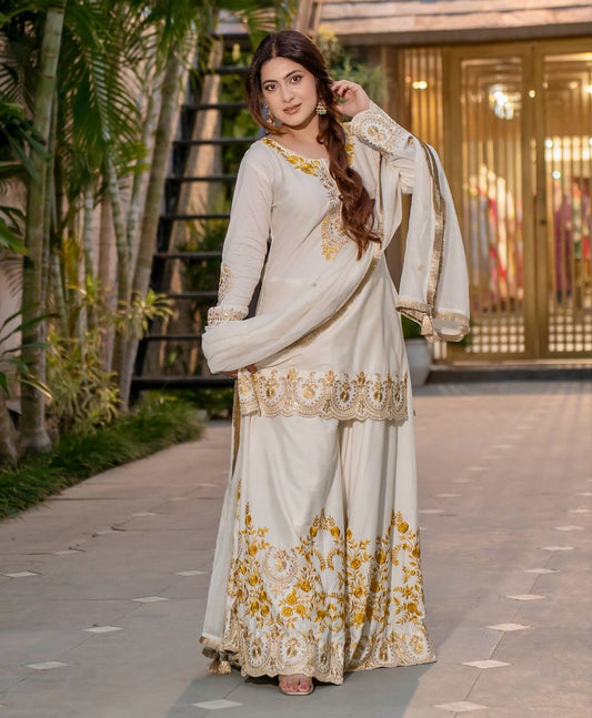 Prazu Fashion White French Crepe Thread Embroidered Palazzo Suit - Swadesiicart