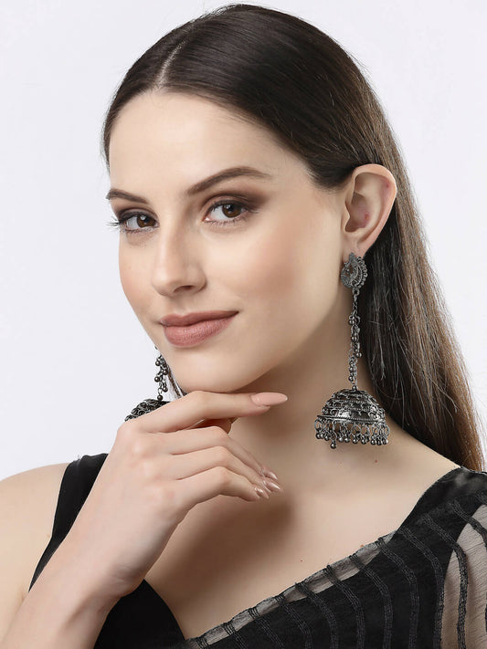 NVR Women Black Oxidised Brass-Plated Jhumka Earrings - NR Retail-NVR