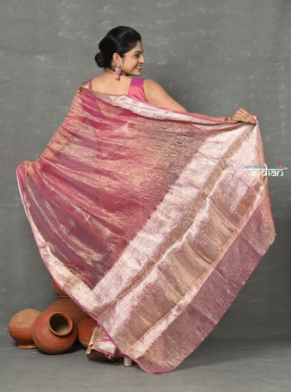 Very Much Indian Tyohaar - Exclusive! Banarasi Handloom Crushed - Pure Tissue Silk Saree - Soft Pink (Silk Mark Certified) | Swadesiicart