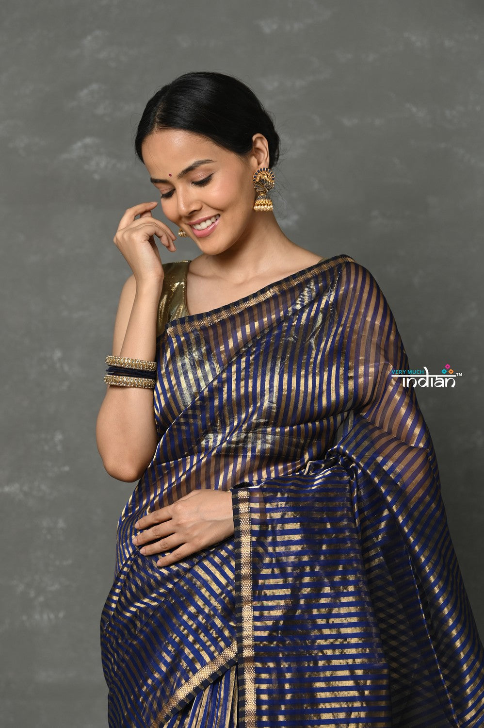 Very Much Indian Handloom Pure Cotton Silk Saree With Trendy Golden Stripes - Indigo Blue | Swadesiicart