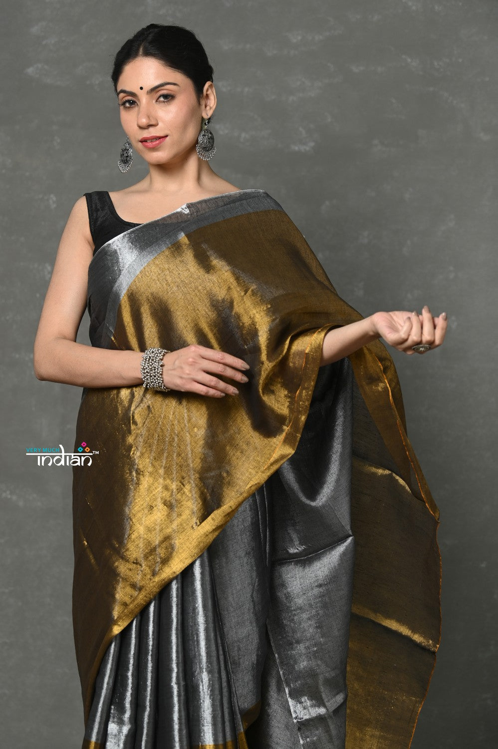 Very Much Indian Tyohaar - Fusion Cotton Tissue Shimmer Saree - Silver and Gold | Swadesiicart