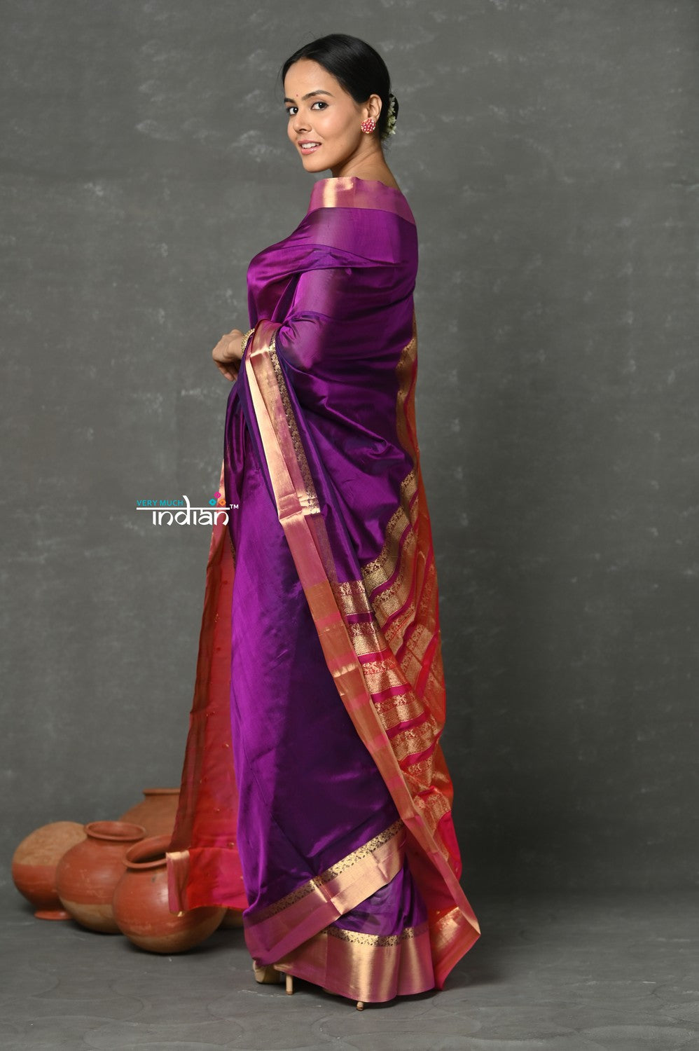 Very Much Indian Tyohaar - Handloom Pure Chanderi Cotton Silk Swadesiicart With Golden Border - Purple Pink