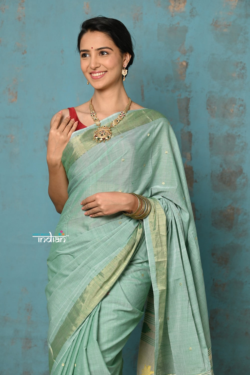 Very Much Indian Tyohaar - Handloom Pure Cotton Paithani With Asawali Pallu - Sea Green | Swadesiicart