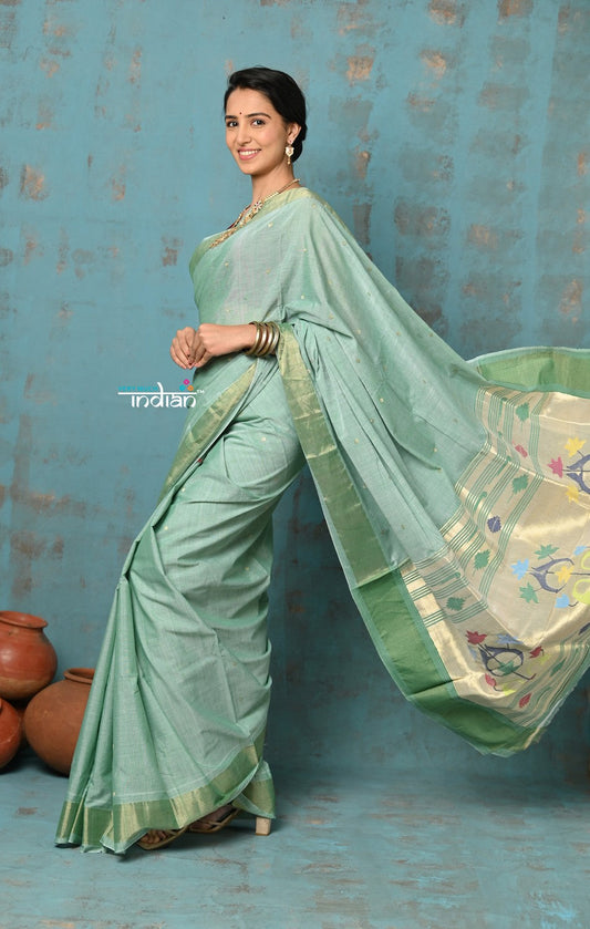 Very Much Indian Tyohaar - Handloom Pure Cotton Paithani With Asawali Pallu - Sea Green | Swadesiicart
