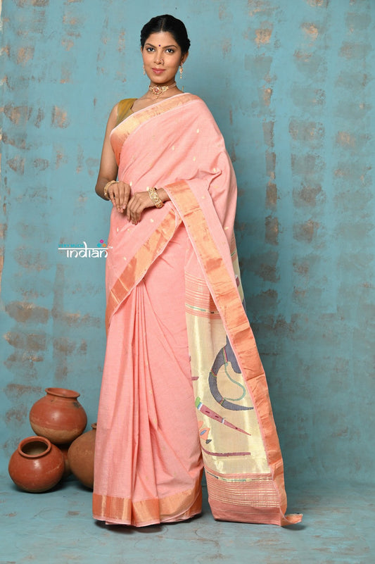 Very Much Indian Tyohaar - Handloom Pure Cotton Paithani With Instrumental Pallu - Peach | Swadesiicart