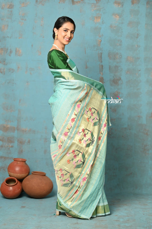 Very Much Indian Tyohaar - Handloom Pure Cotton Paithani With Revival Asawali Pallu - Sea Blue | Swadesiicart