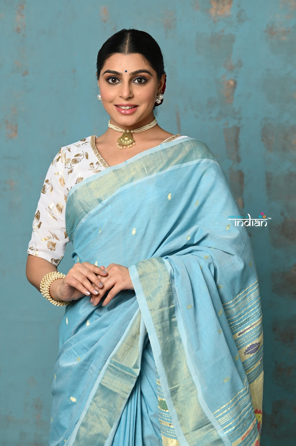 Very Much Indian Tyohaar - Handloom Pure Cotton Paithani With Lotus Pallu - Sky Blue | Swadesiicart