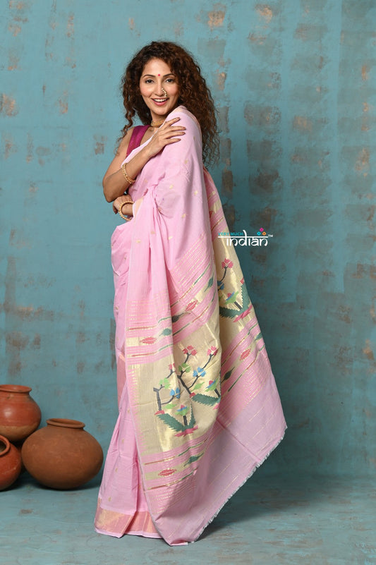Very Much Indian Tyohaar - Handloom Pure Cotton Paithani With Asawali Pallu - Feather Pink | Swadesiicart