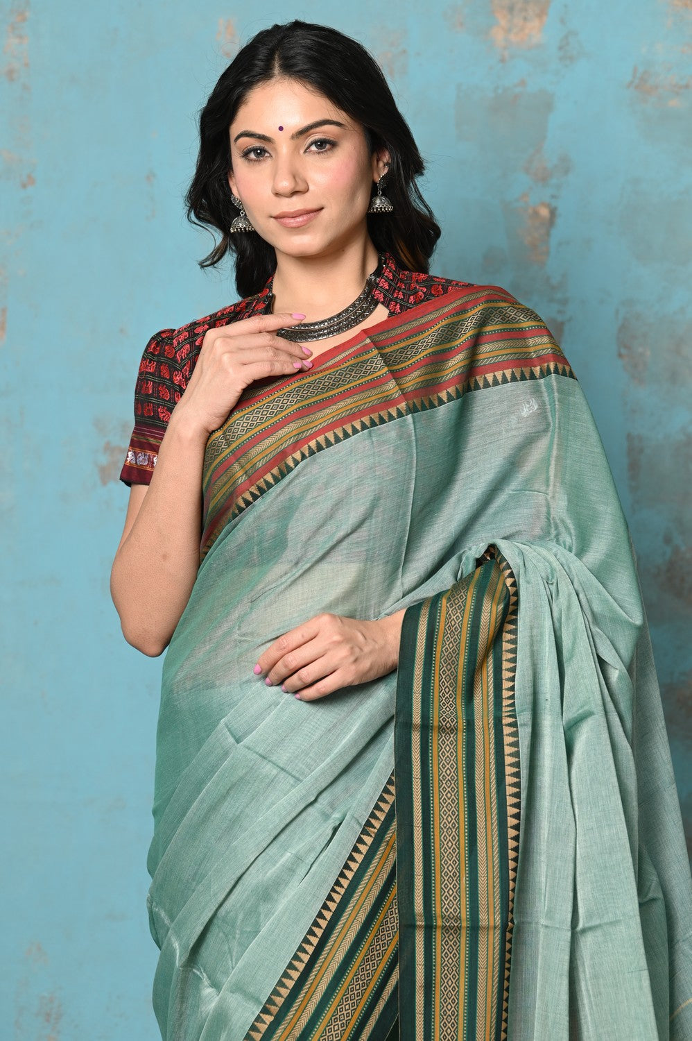 Very Much Indian Tyohaar - Cotton Saree With Ganga Jamuna Border - Sea Green | Swadesiicart