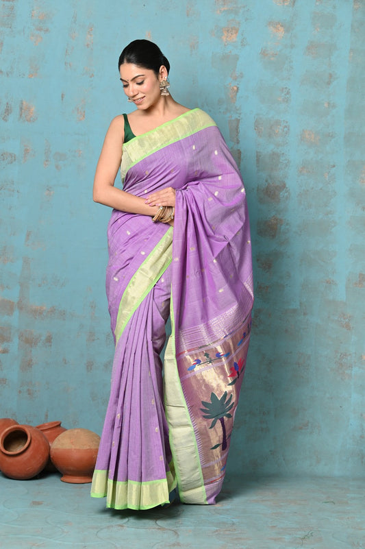Very Much Indian Tyohaar - Exclusive! Handloom Pure Cotton Paithani in Most Traditional Lilac with Pichwai Pallu | Swadesiicart
