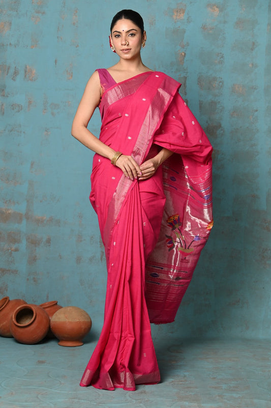 Very Much Indian Tyohaar - Handloom Pure Cotton Paithani With Lotus Pallu - Blush Pink | Swadesiicart