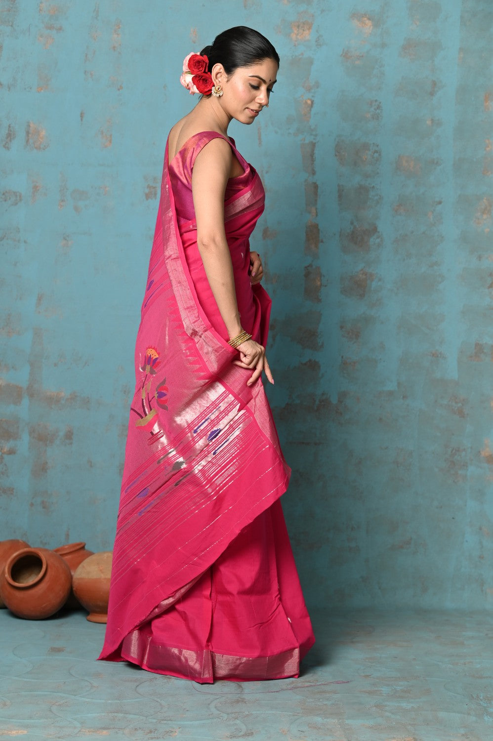 Very Much Indian Tyohaar - Handloom Pure Cotton Paithani With Lotus Pallu - Blush Pink | Swadesiicart