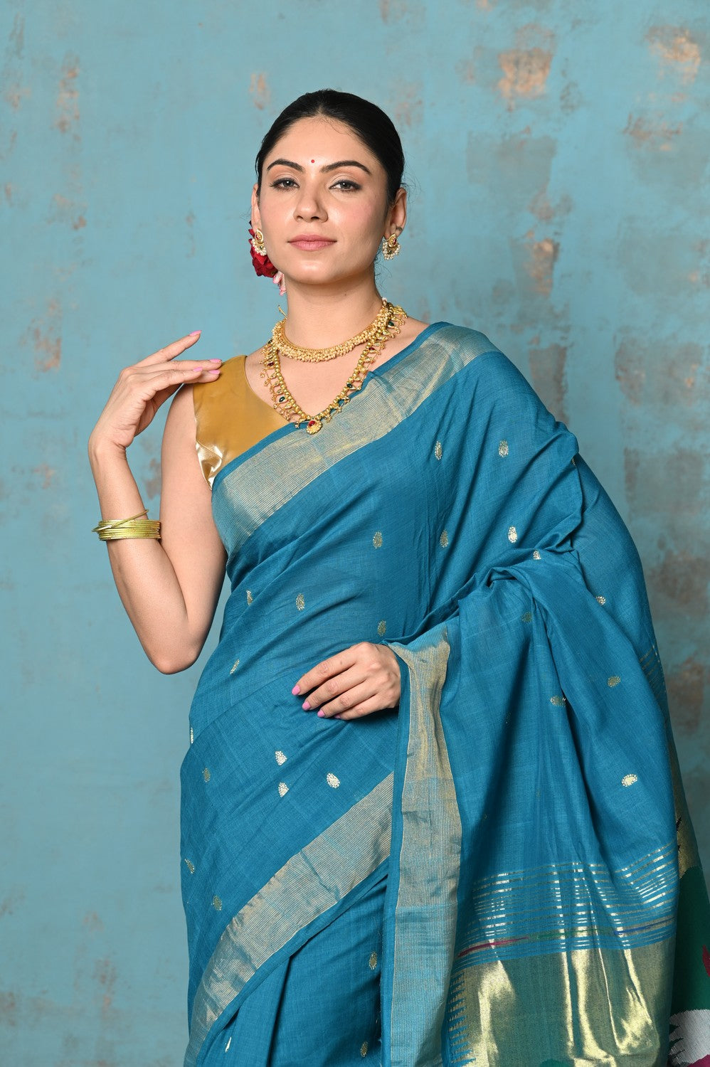 Very Much Indian Tyohaar - Handloom Pure Cotton Paithani With Swan Pallu - Carolina Blue | Swadesiicart