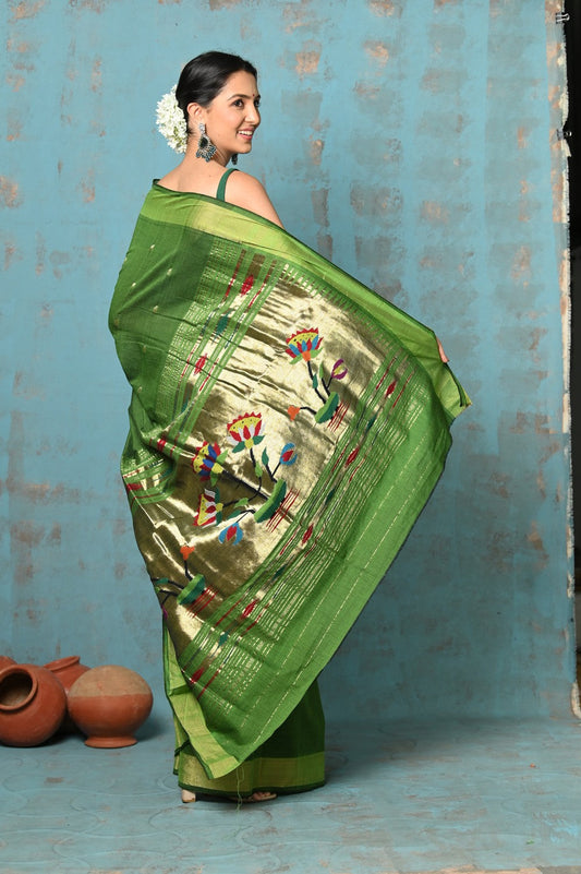 Very Much Indian Tyohaar - Handloom Pure Cotton Paithani With Lotus Pallu - Leaf Green | Swadesiicart