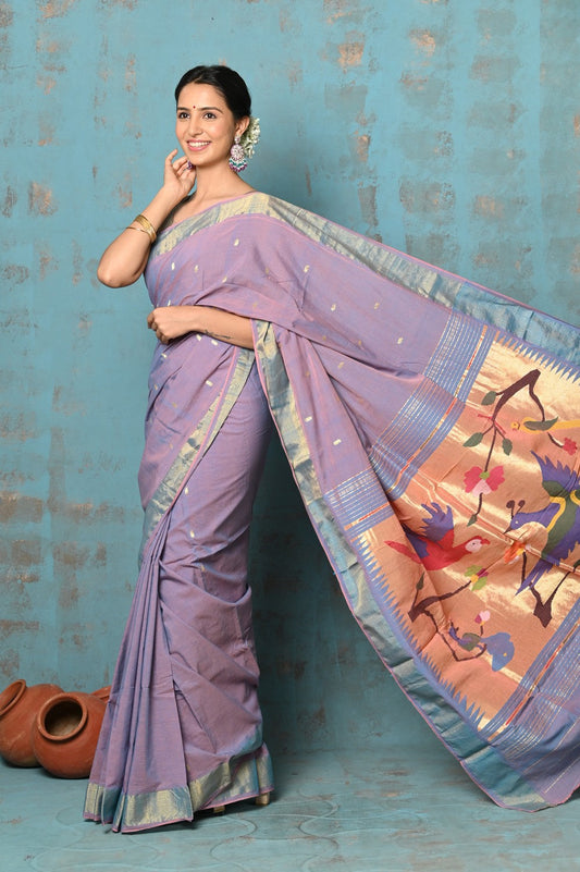 Very Much Indian Tyohaar - Handloom Pure Cotton Paithani With Parrot Peacock Pallu- Dual Tone Sky Blue & Purple | Swadesiicart