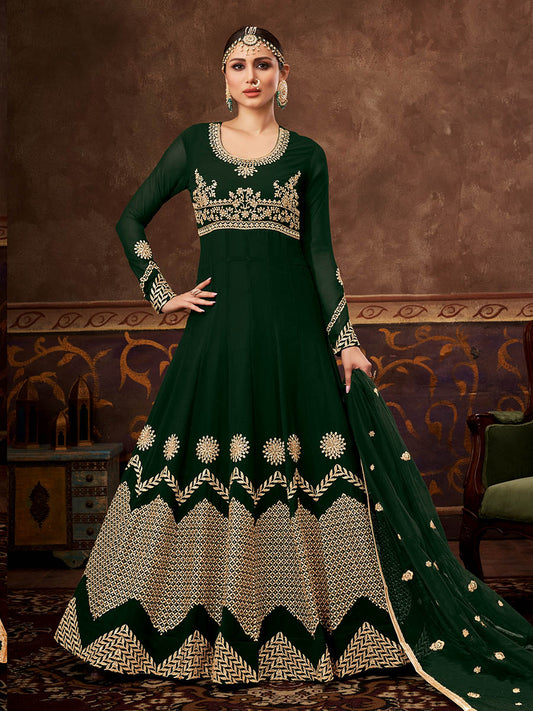 Myra Deep Green Real Georgette Embroidered Anarkali Suit | Swadesiicart