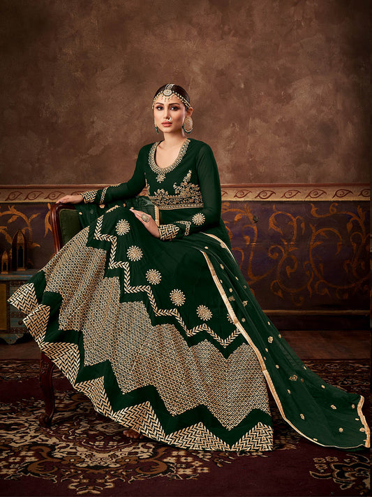 Myra Deep Green Real Georgette Embroidered Anarkali Suit | Swadesiicart