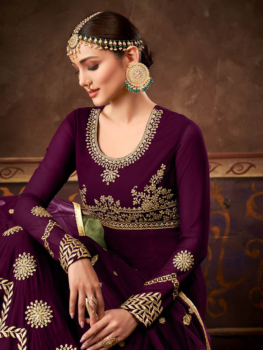 Myra Wine Real Georgette Embroidered Anarkali Suit (HO1103) | Swadesiicart