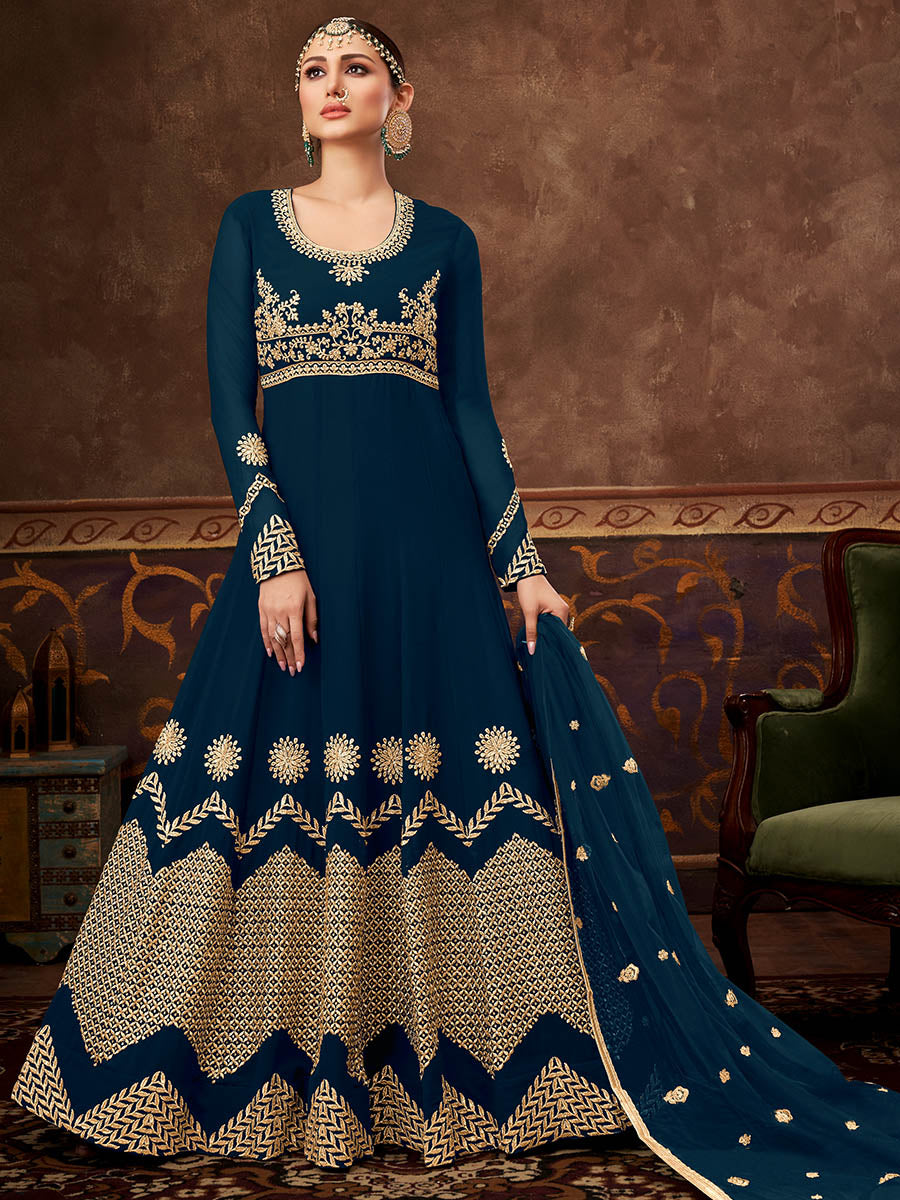 Myra Rama Green Real Georgette Embroidered Anarkali Suit | Swadesiicart