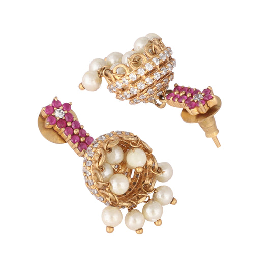 Nuyug 22K Gold Plated Pearl 7 Colored Stone Studded Contemporary Shaped Pink Mini Jhumkas | Swadesiicart
