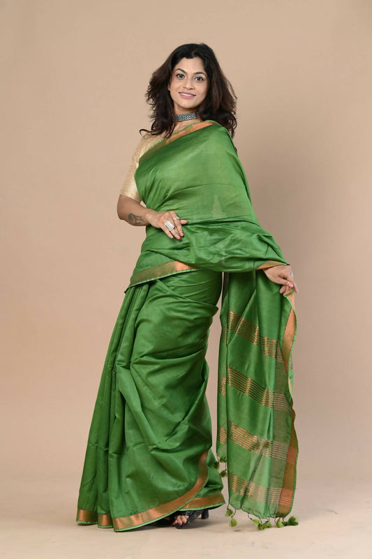 Very Much Indian Handloom Cotton Silk Maheshwari Saree With Sleek Golden Border - Leaf Green | Swadesiicart