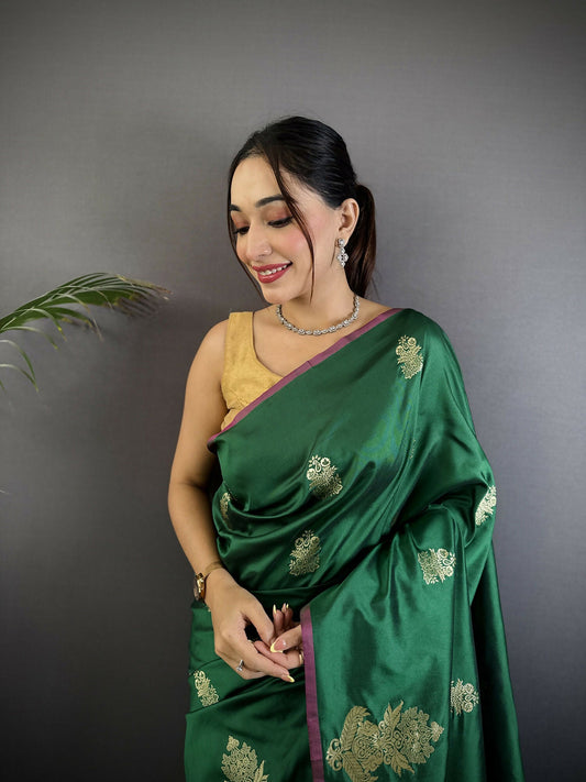 Joban Fashion Dark Green Banarasi Lichi Silk Gold Zari Meena Saree | Swadesiicart