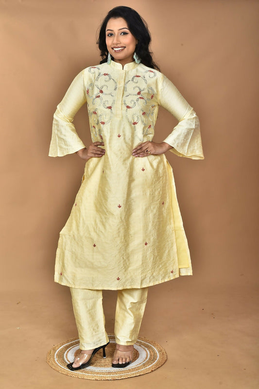 Morchari Women And Hand Embroidery Co-Ord Set-Lemon- Yellow - Swadesiicart
