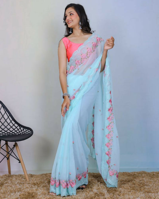 Vamsee Rashmika Sky Blue Georgette Saree - Swadesiicart