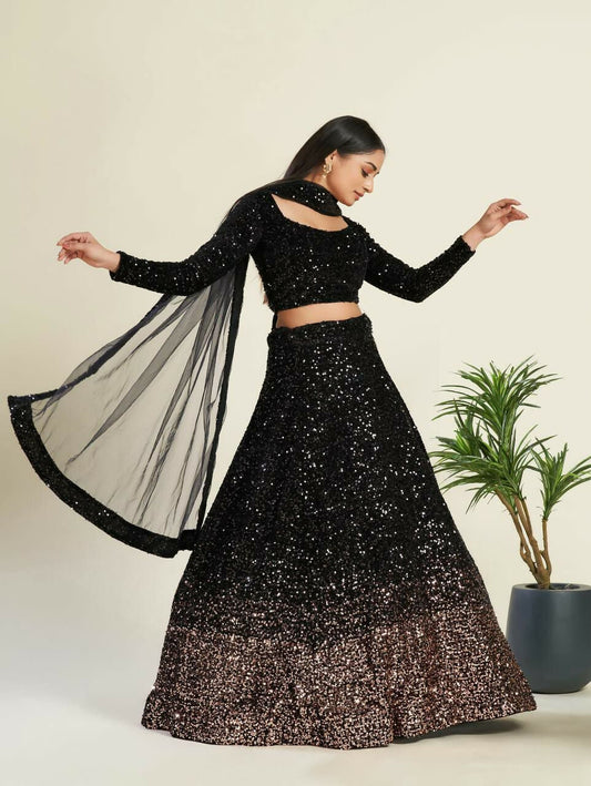 Jyoti Fashion Women's Black Velvet Heavy Sequins Semi Stitched Designer Lehenga Choli Set | Swadesiicart