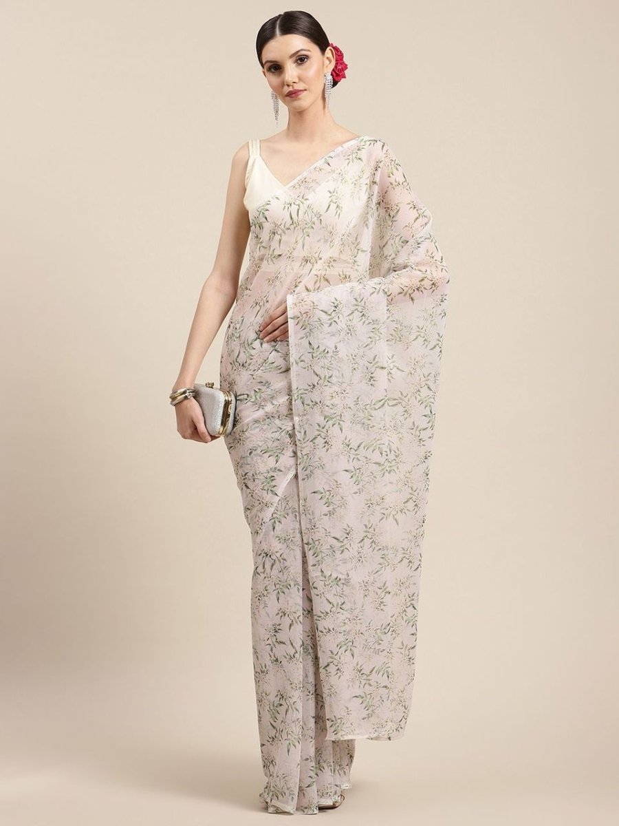 Ahalyaa Women's Off White Chiffon Digital Print Floral Saree | Swadesiicart
