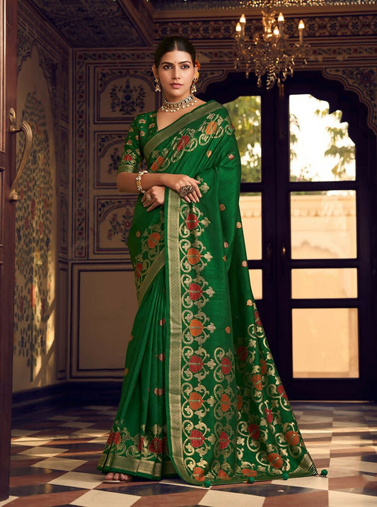 Monjolika Fashion Dark Green Silk Blend Banarasi Zari Work Classic Saree | Swadesiicart