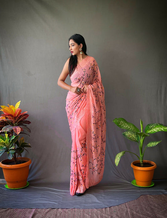 Vamsee Pearl 1 Peach Georgette Saree - Swadesiicart