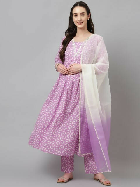 FIORRA Women's Lavender Lurex Cotton Flared Kurta Pant With Dupatta - Swadesiicart