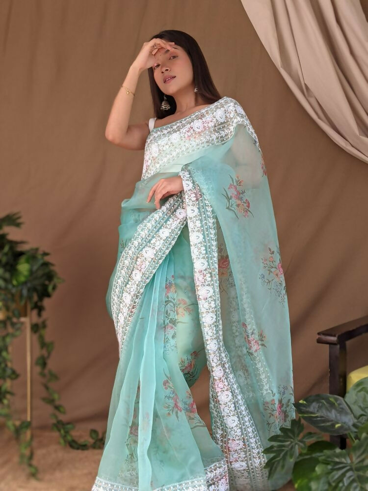 Vamsee White Border C-Green Organza Saree - Swadesiicart