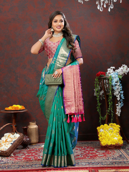 Lorenvalley Fashion Teal Soft Silk Woven Design Zari Weaving Saree - Swadesiicart