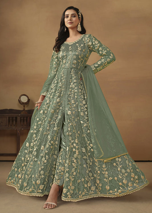 Pant Style Sage Green Embroidered Net Wedding Anarkali Suit - Emponline | Swadesiicart