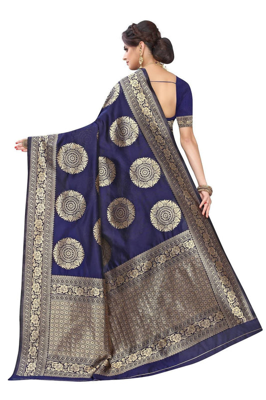 Vamika Traditional Banarasi Jacquard Weaving Navy Blue Saree | Swadesiicart